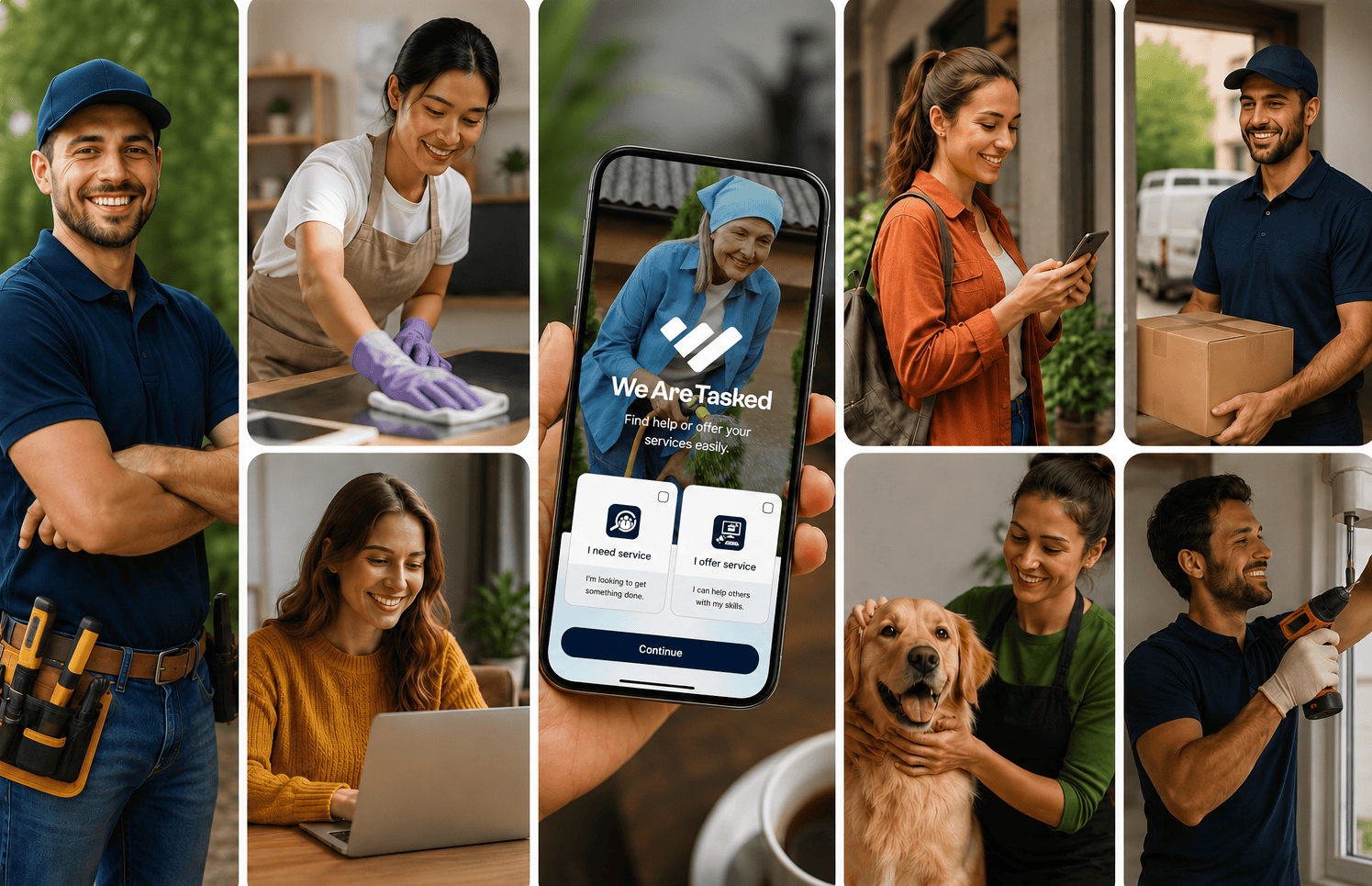 WeAreTasked app showing role switching between Hiring Party and Working Party