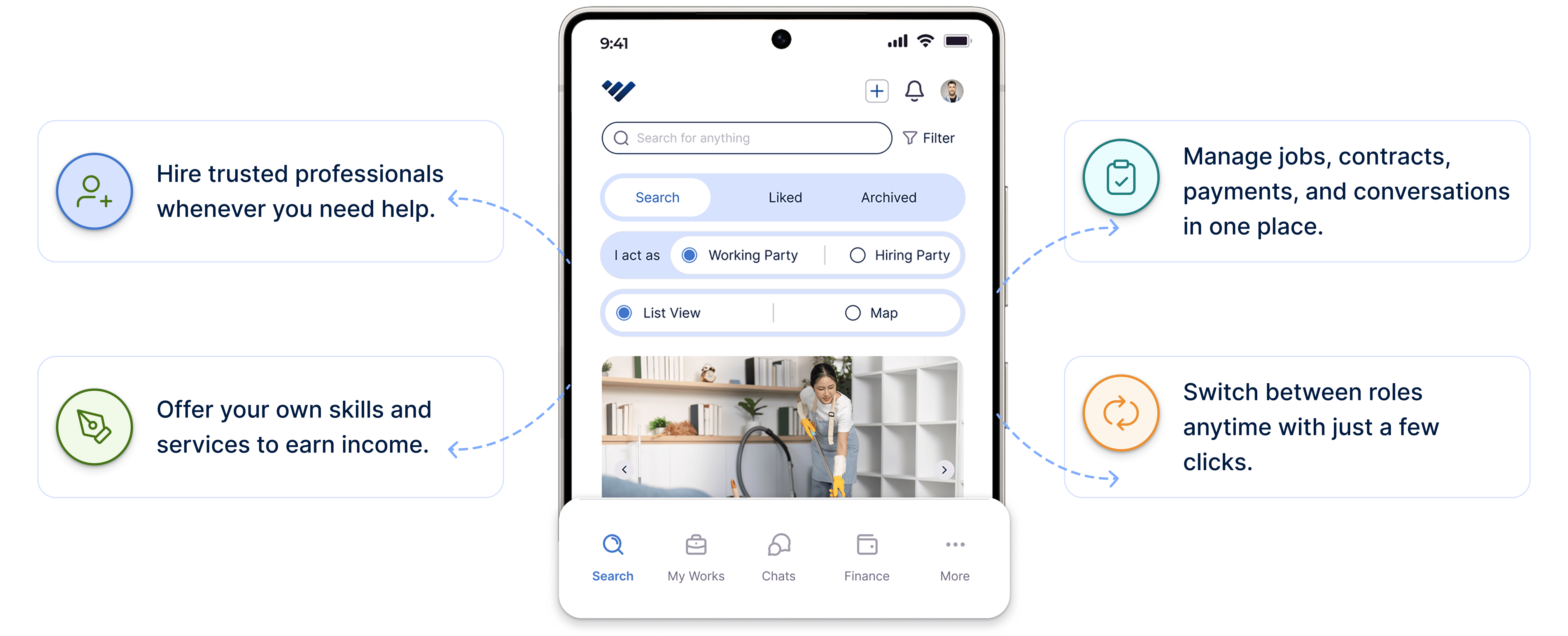 WeAreTasked app showing role switching between Hiring Party and Working Party