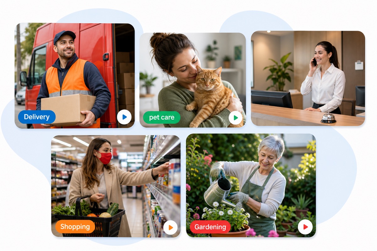 People offering delivery, pet care, shopping and gardening services at home