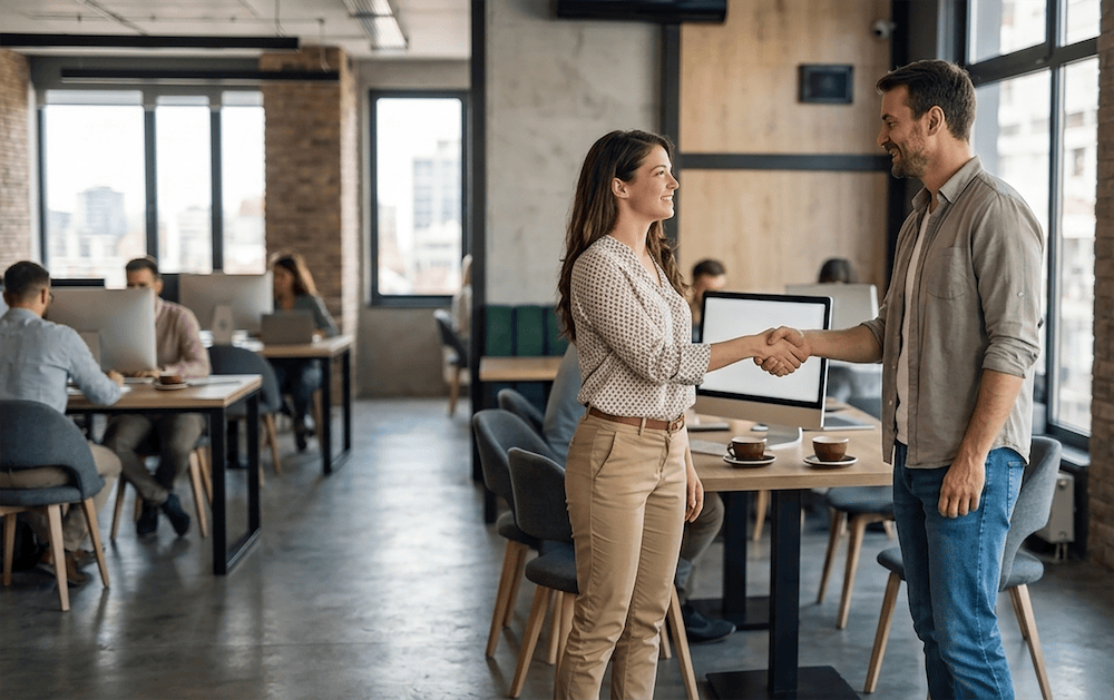 People shaking hands in a professional office