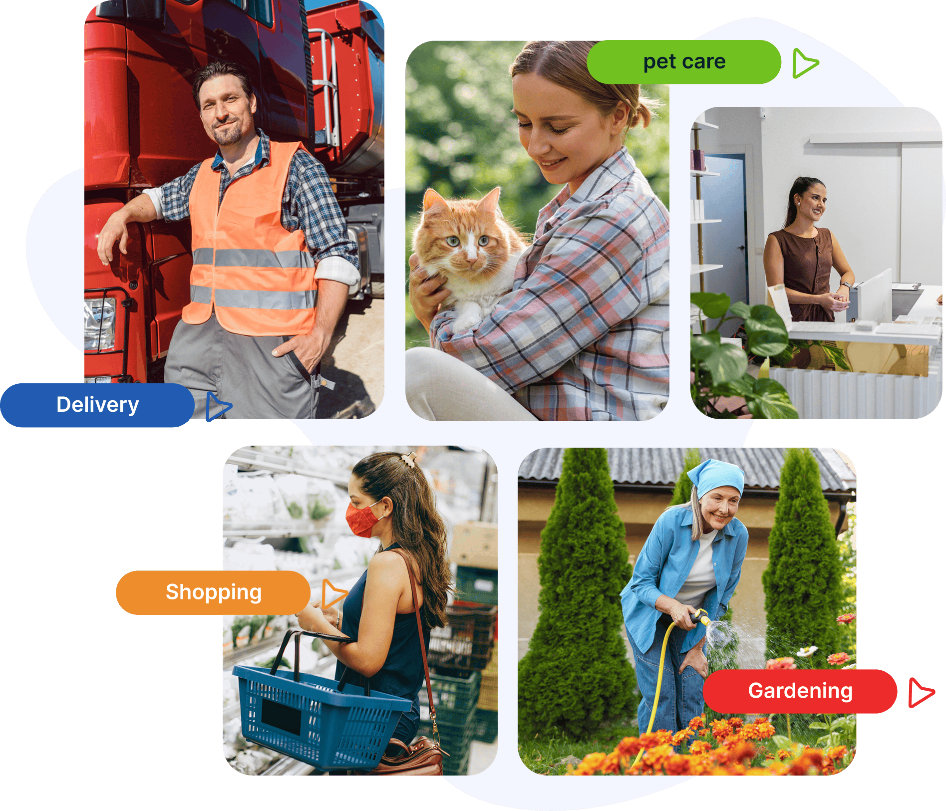 People offering delivery, pet care, shopping, and gardening services